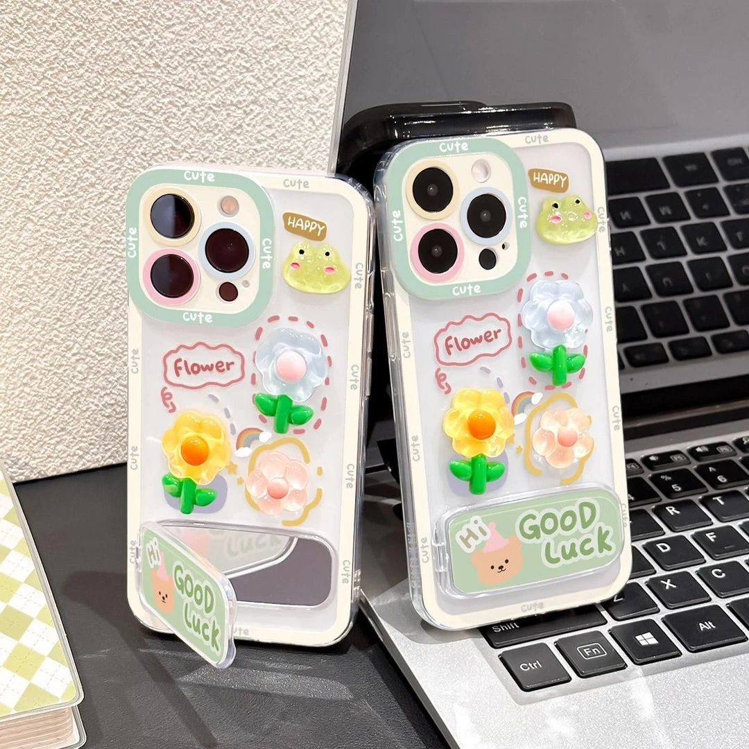 适用卡通立体青蛙花朵苹果16promax手机壳华为oppo小米15vivo透明