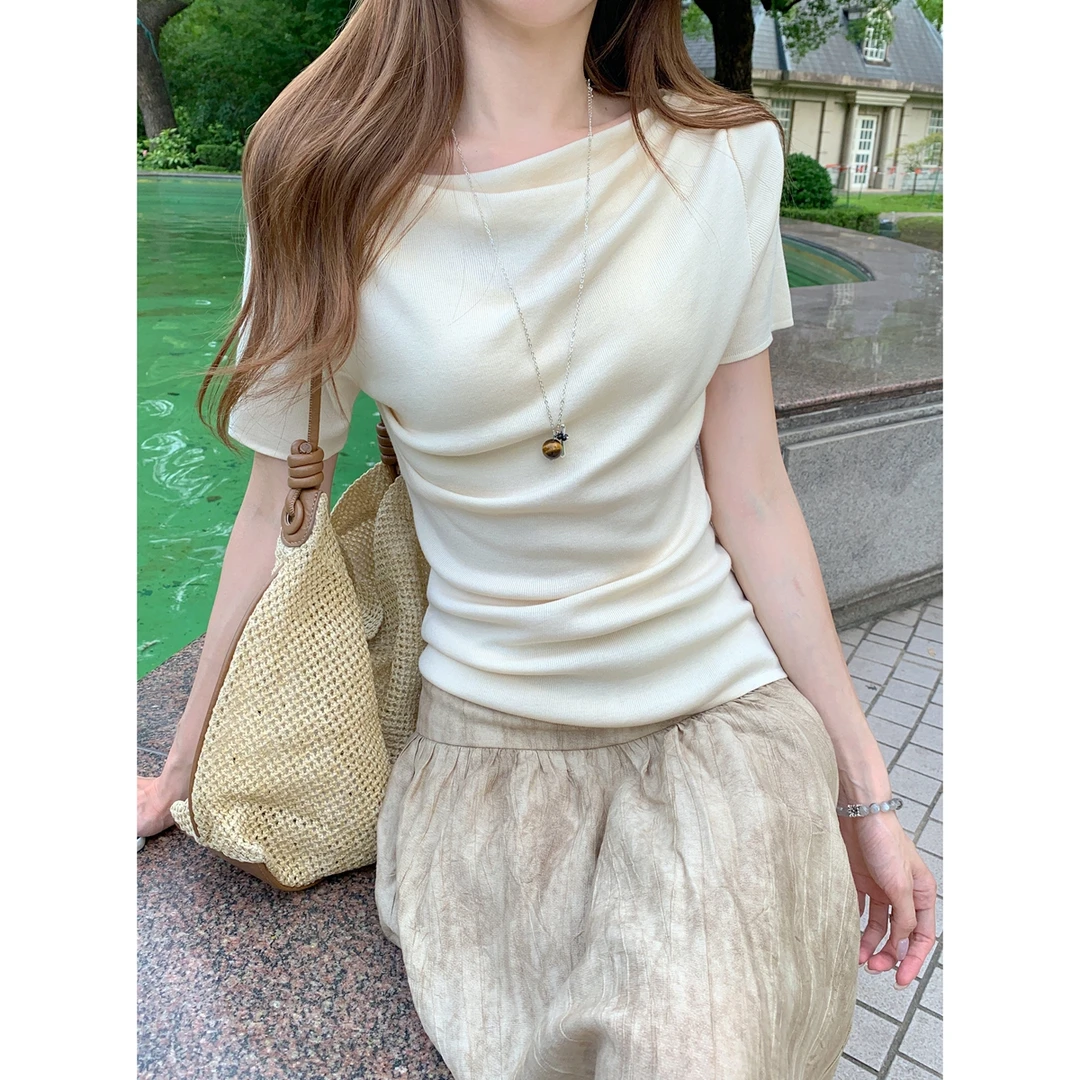 夏季韩版气质荡领温柔百搭莱赛尔针织衫短袖女2025年新款纯欲上衣