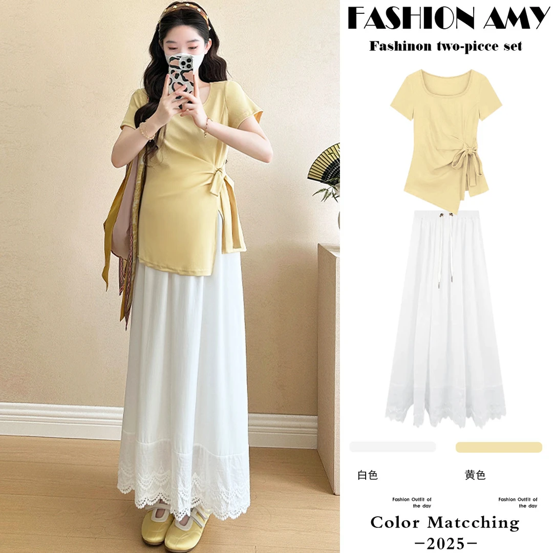 孕妇套装夏装新款时尚韩版系带显瘦方领短袖上衣休闲花边半身裙子