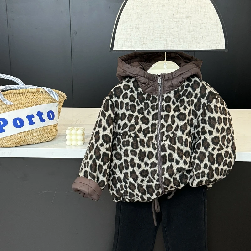 现货leomama【有点酷】女童加厚保暖棉服休闲豹纹连帽外套百搭棉衣