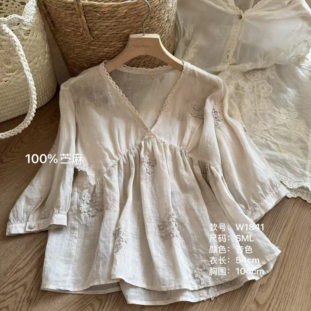 小文姐 W1841-通勤复古长袖衬衫拼接小花设计气质温柔上衣女