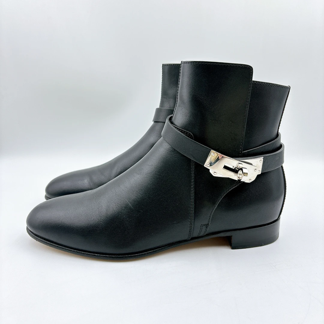 95新 Hermes/爱马仕 36.5码/黑银kelly踝靴短靴/BM00016
