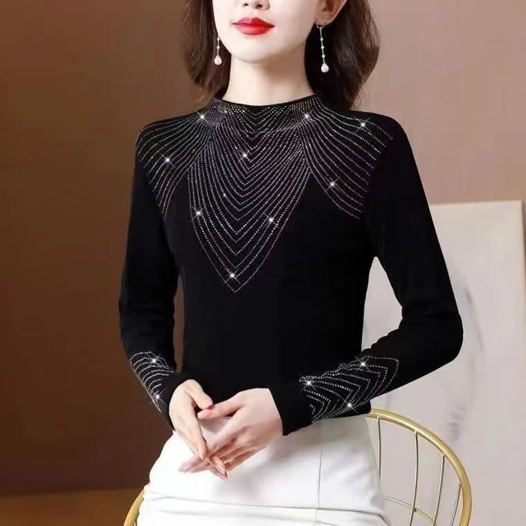 重工烫钻秋冬新款时尚长袖保暖打底T恤遮肚减龄洋气妈妈装上衣女