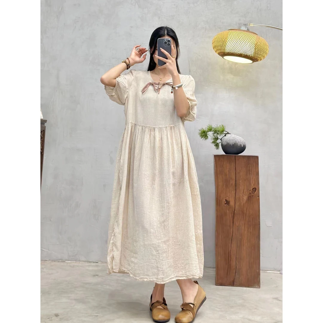 花璟与麻原创设计炒色圆领一粒扣流苏拼接袍裙（裙长118胸围110）