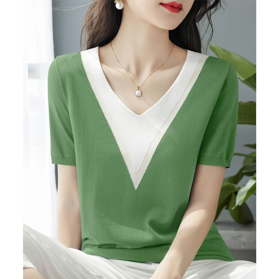 新款夏季v领拼色宽松气质t恤针织衫高级薄款显瘦套头短袖上衣女装