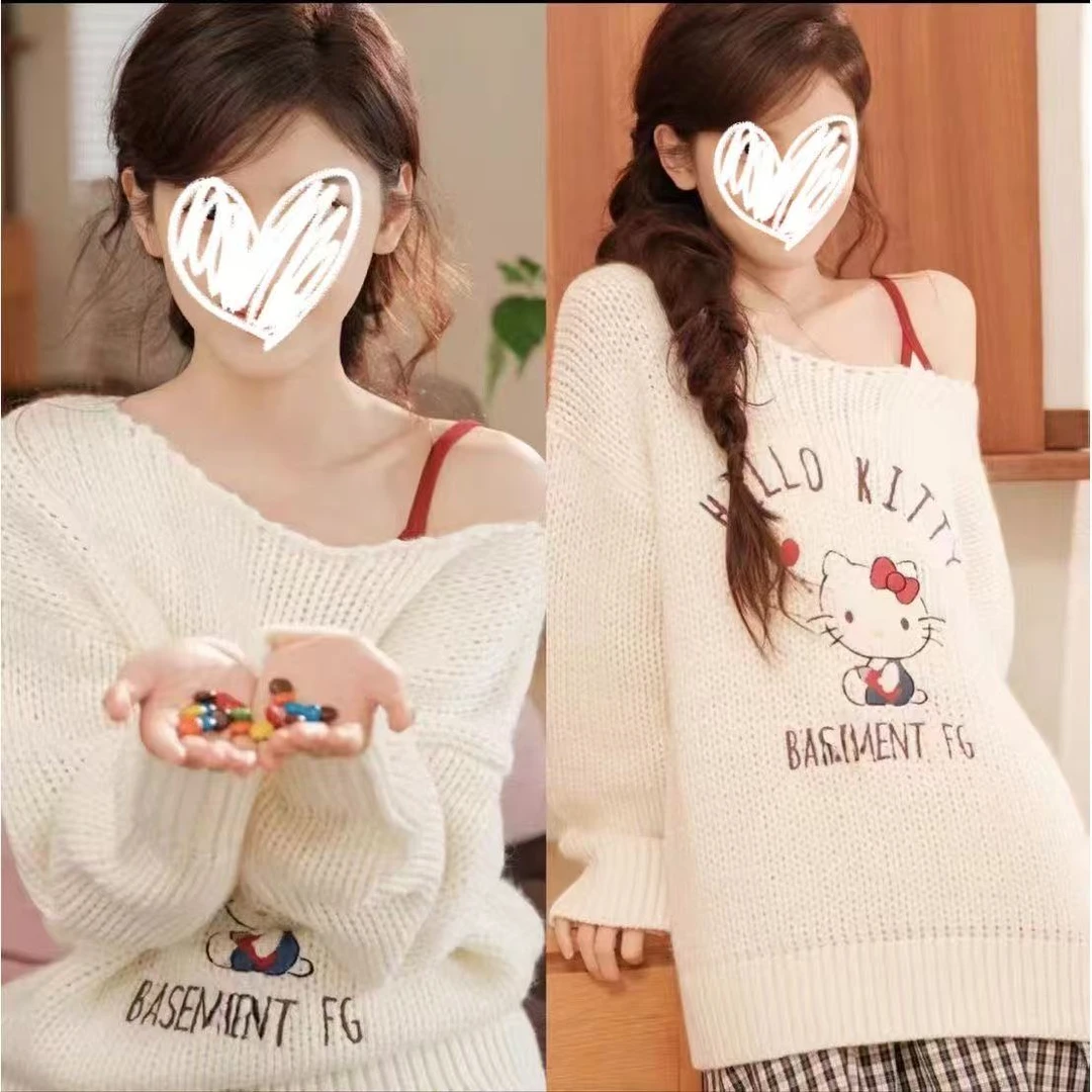 章若楠甜美减龄卡通提花针织毛衣女2025秋冬新款设计感斜肩显瘦衣