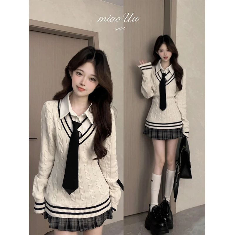 parkyeon秋冬新款设计感衬衫拼接假两件针织衫毛衣格纹半身裙套装