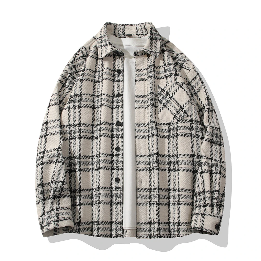 春秋小香风格子男士长袖衬衫复古宽松潮流情侣装百搭时尚衬衣外套