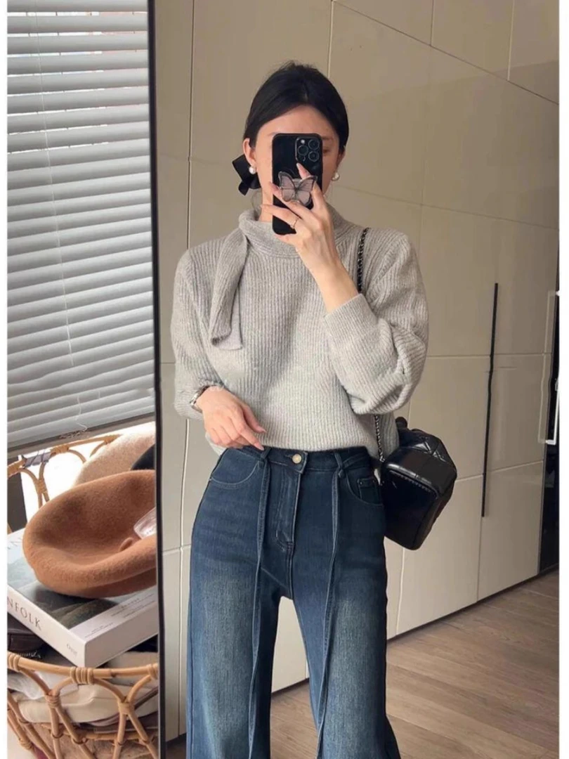 新款高领绑带毛衣女秋冬慵懒宽松高级设计长袖针织衫气质打底上衣