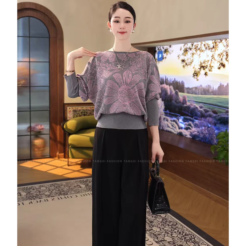 2025秋冬新款【TN-26】莱赛尔长袖圆领灰粉色时尚花朵显瘦针织毛衣