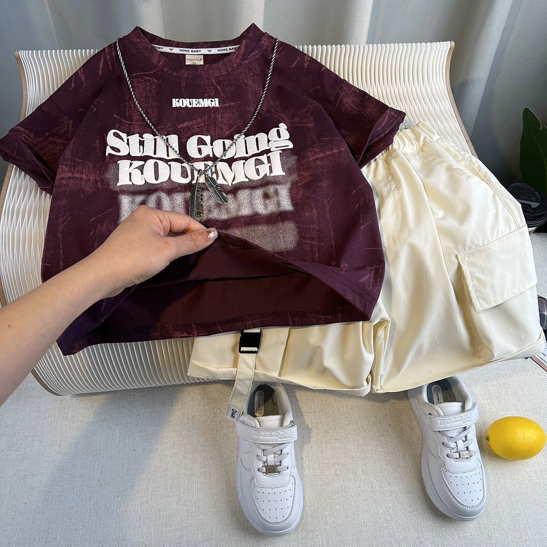 【沫沫家】韩版男女童夏装套装帅气岁儿童夏季棉短袖工装裤两件套