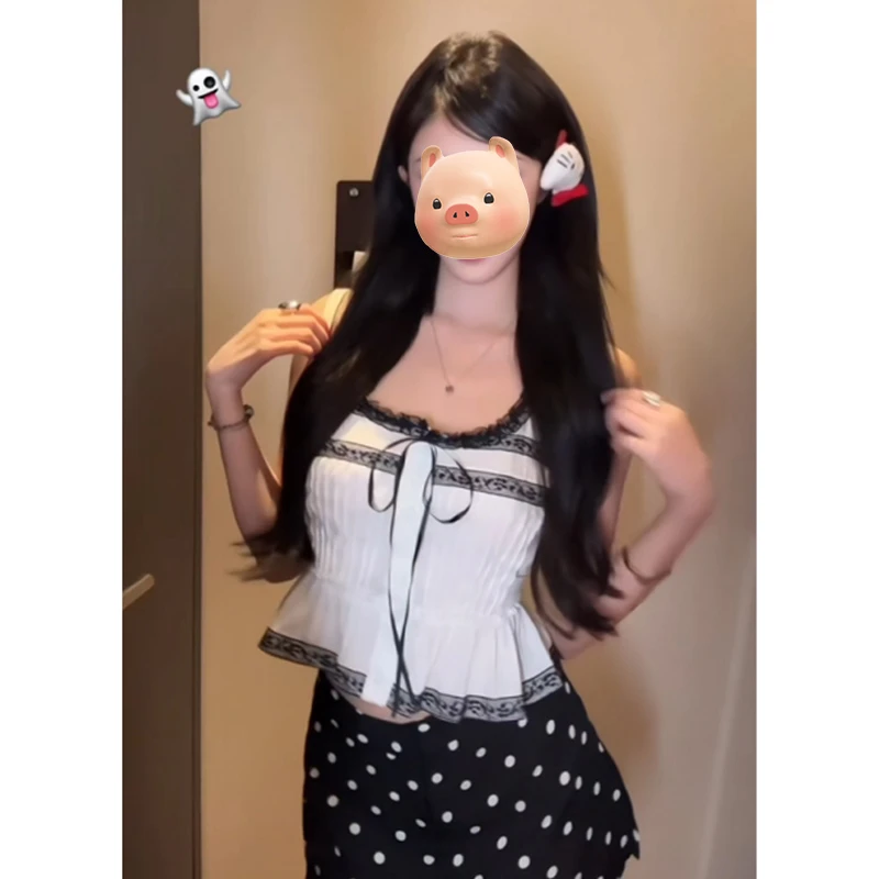 法式蕾丝蝴蝶结花边撞色吊带背心女夏季外穿修身辣妹短款无袖上衣