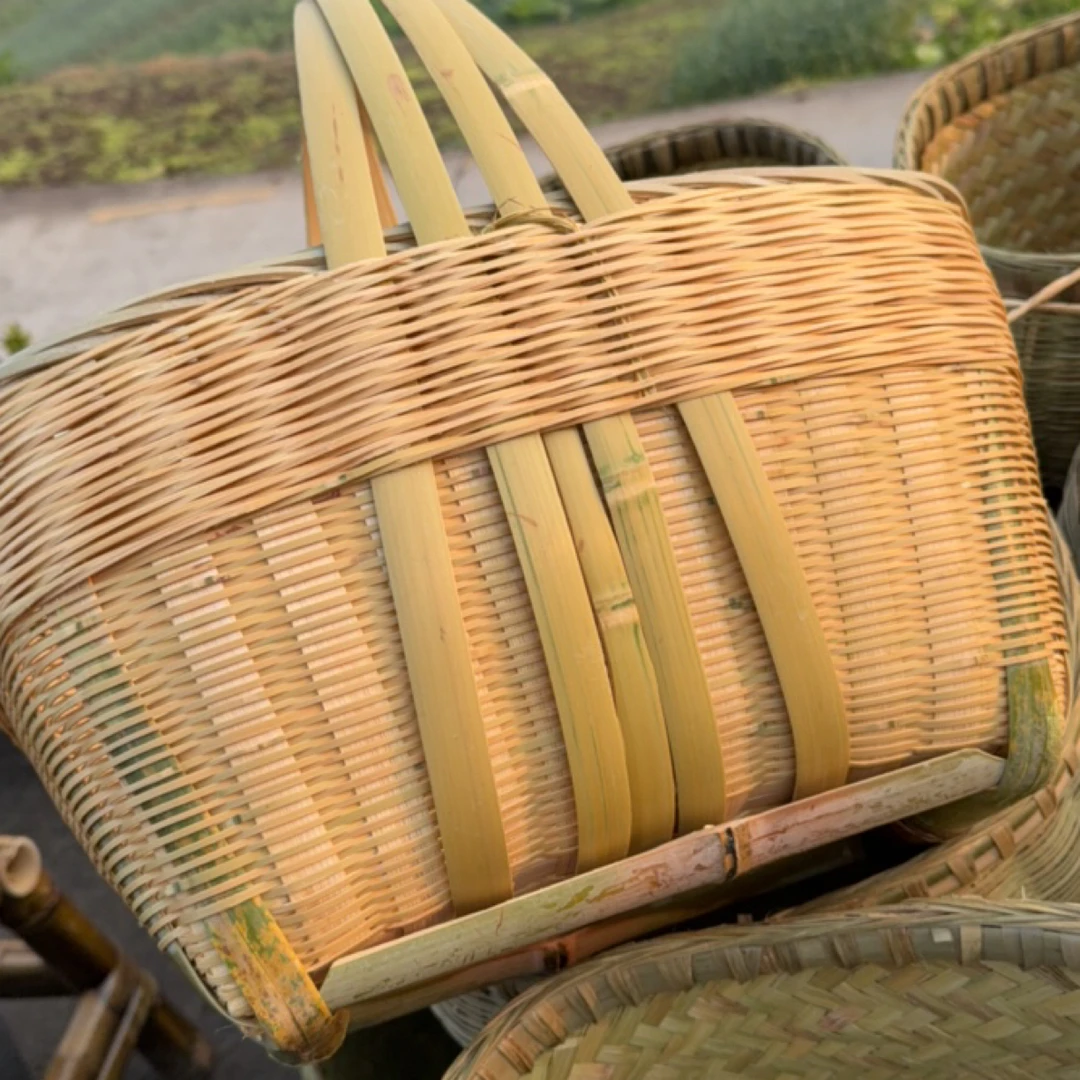 金竹提篮大号宽30长43高23整高43厘米 传统竹编手艺