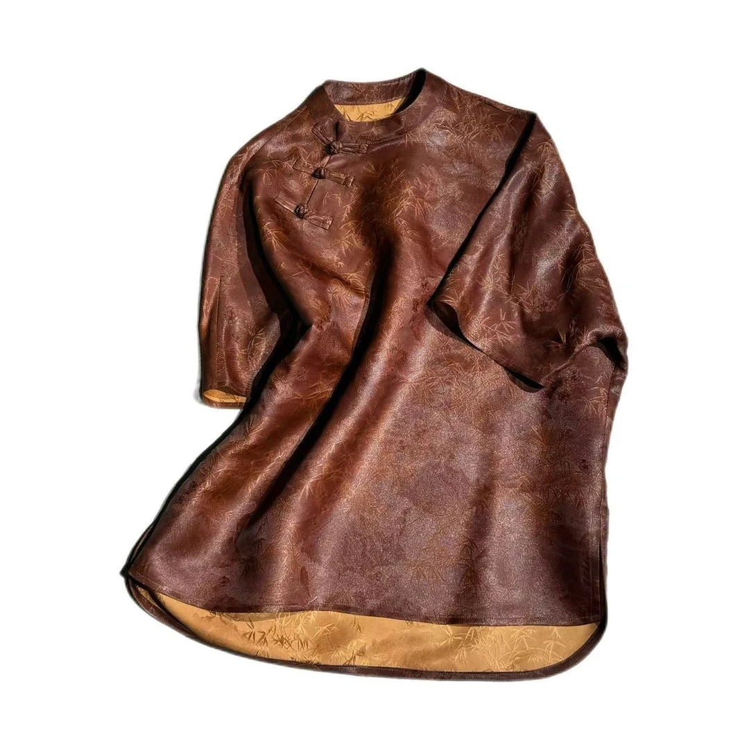 【紫檀竹影】红云纱老油料遮肉显瘦百搭款新中式盘口短袖上衣