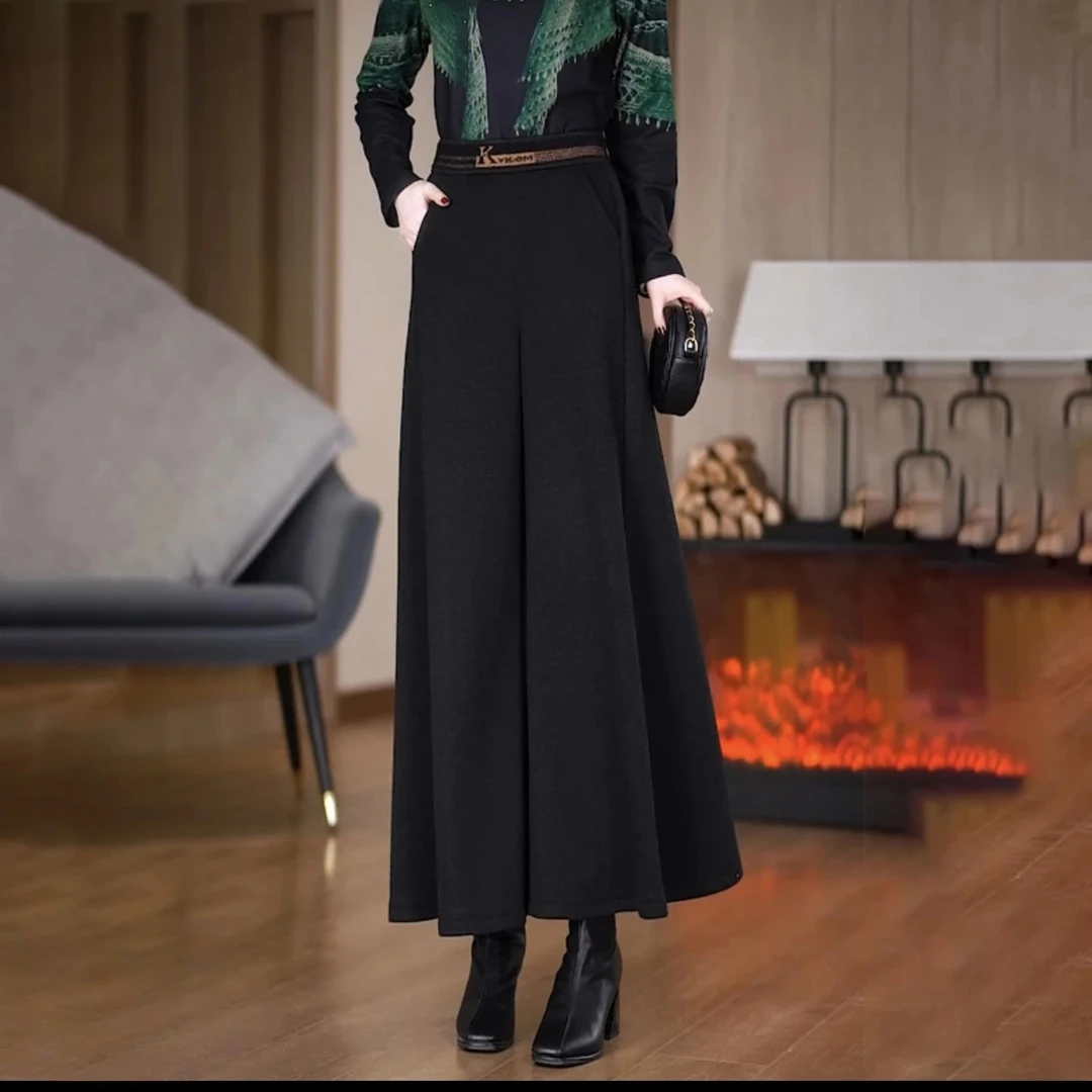 加绒加厚款毛呢妈妈裙裤女2025冬季垂感大脚裤弹力羊毛时尚阔腿裤