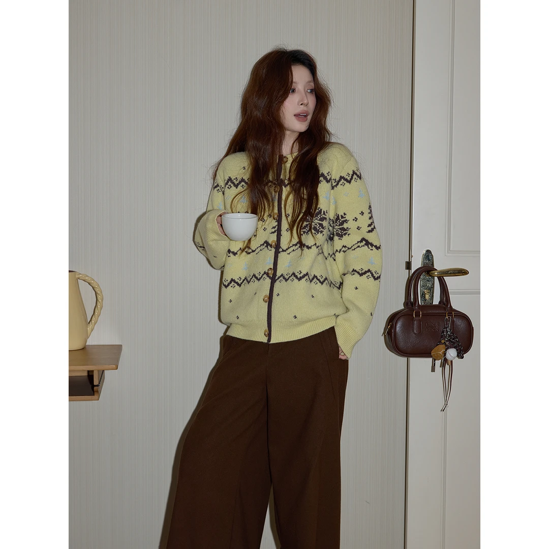 【吵吵家】韩系黄色费尔岛毛衣女2025冬加厚保暖毛线衣软糯毛织上衣