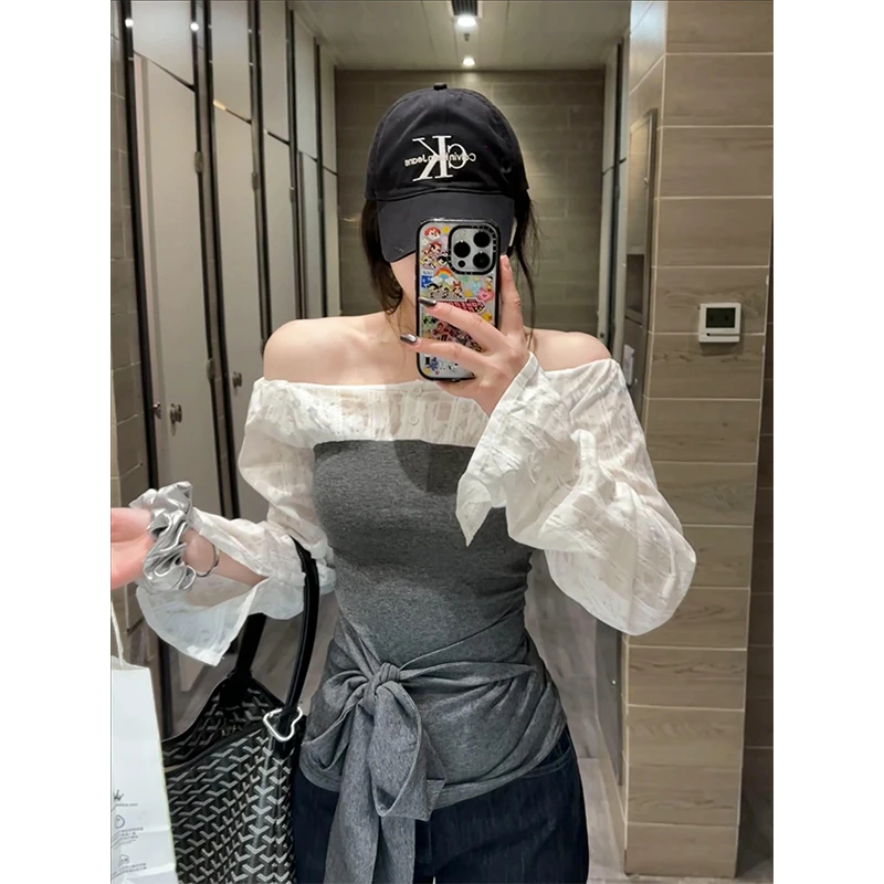 梦优莱韩系纯欲风甜辣妹一字领假两件上衣女设计感内搭打底衫T恤