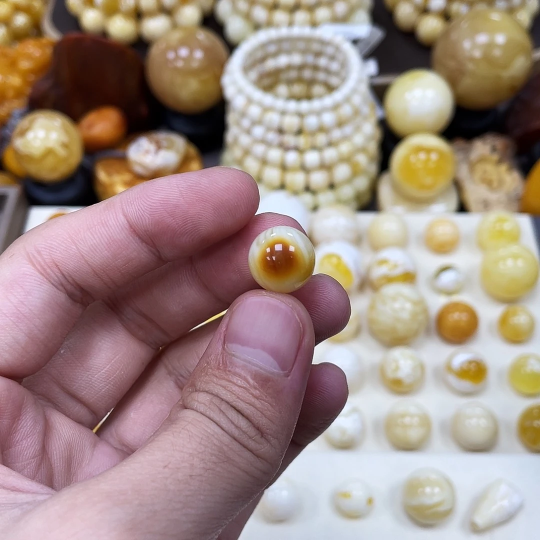 蜜蜡未镶嵌珠宝奇石12.4mm【沁色双天眼金白花】打孔不予退货