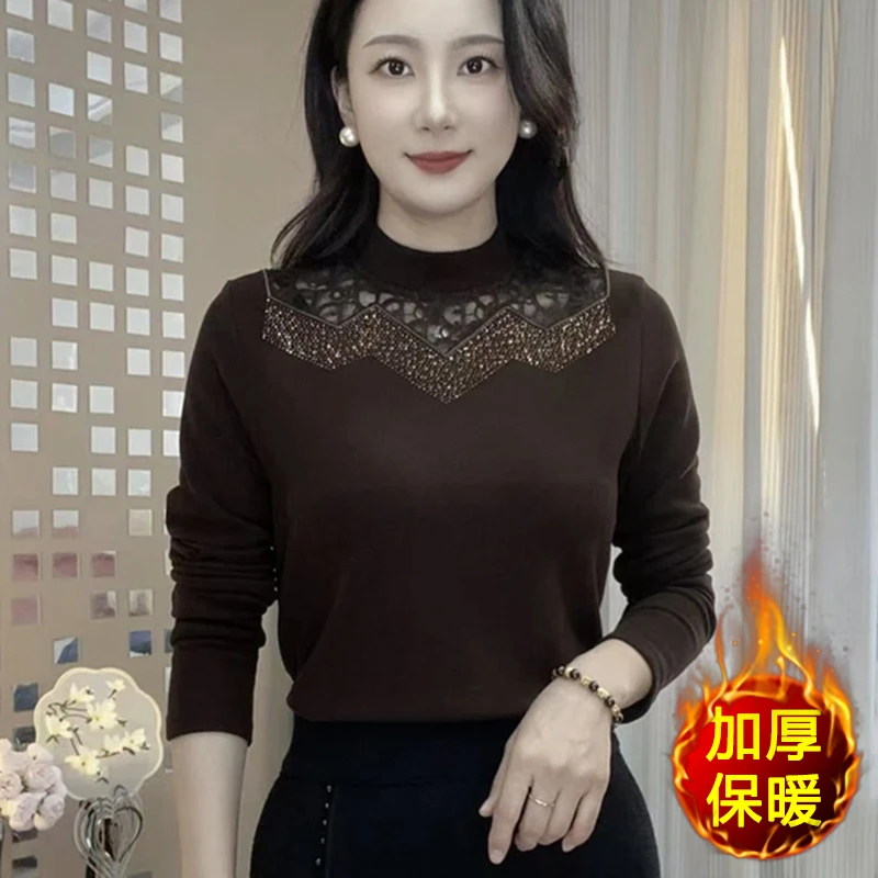 秋冬新款修身显瘦时尚半高领蕾丝烫钻长袖打底衫大码遮肚减龄小衫