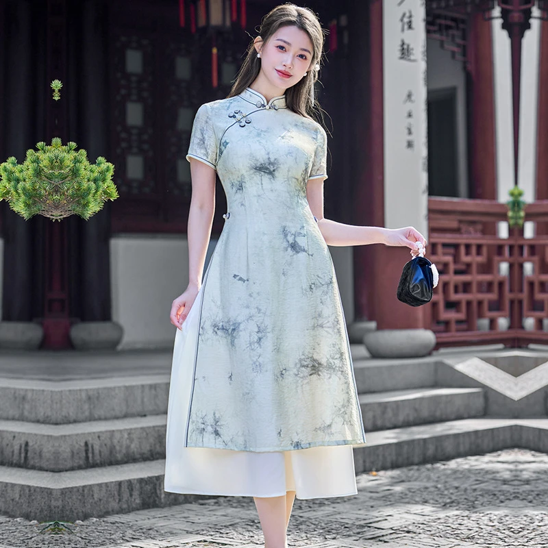 新款复古文艺国风优雅长款气质改良日常中式奥黛裙收腰少女