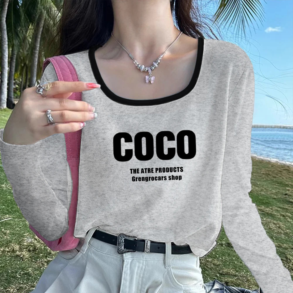 白色纯棉长袖t恤女2025年新款春秋季洋气方领撞色内搭打底衫上衣