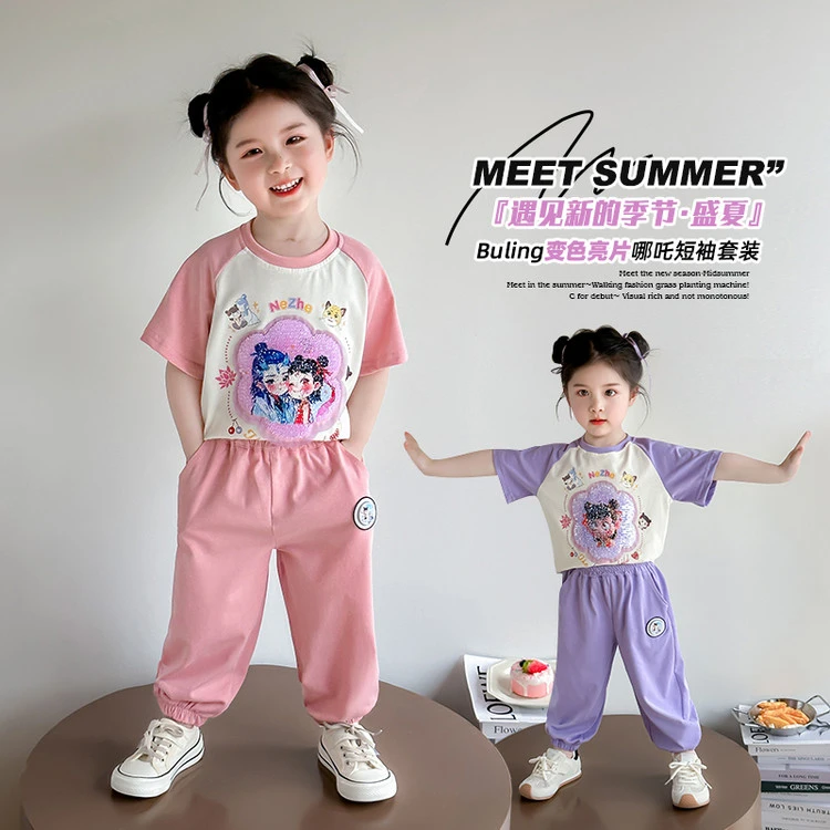 女童套装潮款卡通亮片儿童两件套洋气小女孩短袖防蚊裤2025夏装