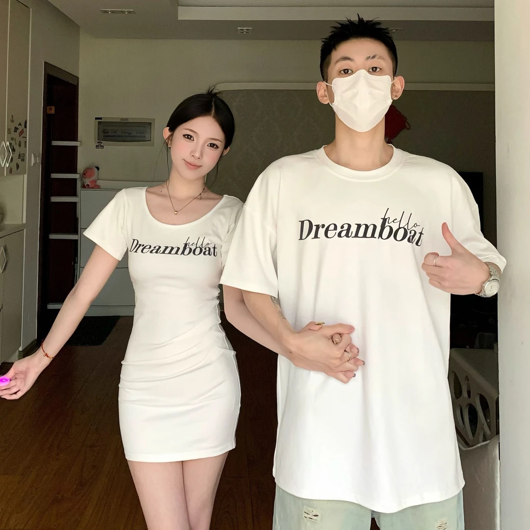 情侣装辣妹风短裙夏季街头风字母印花包臀裙短袖连衣裙一裙一衣