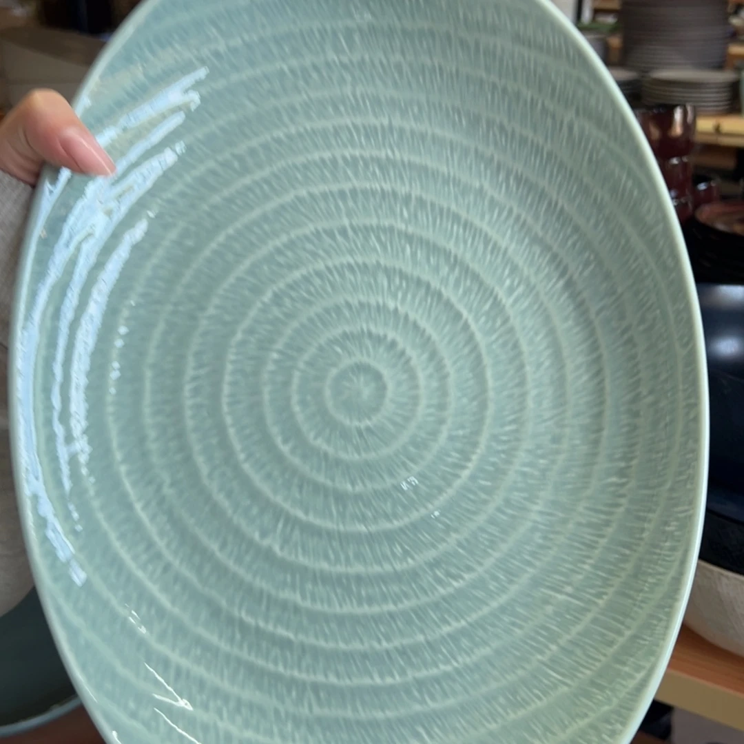 新骨瓷0160瑕疵慎拍绿跳刀13寸椭圆鱼盘