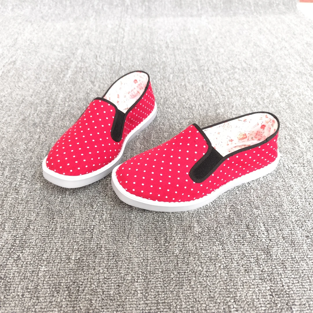 松紧口单鞋女士细条绒布鞋手工做春秋套脚白塑料平底舒服漂亮透气