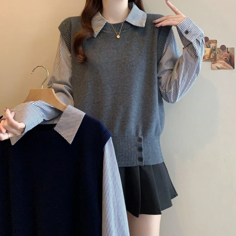 韩系针织马甲拼接条纹衬衫长袖秋冬装假两件毛衣女2025新款大码潮