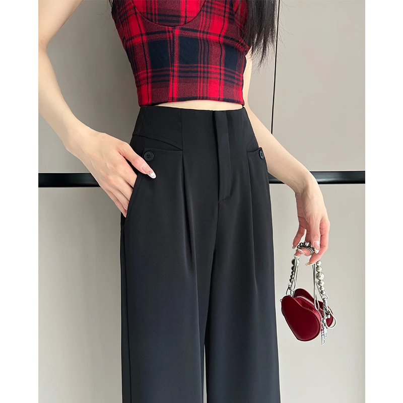 04黑色高腰阔腿裤女装夏季薄款窄版显瘦西装裤垂感直筒百搭休闲裤