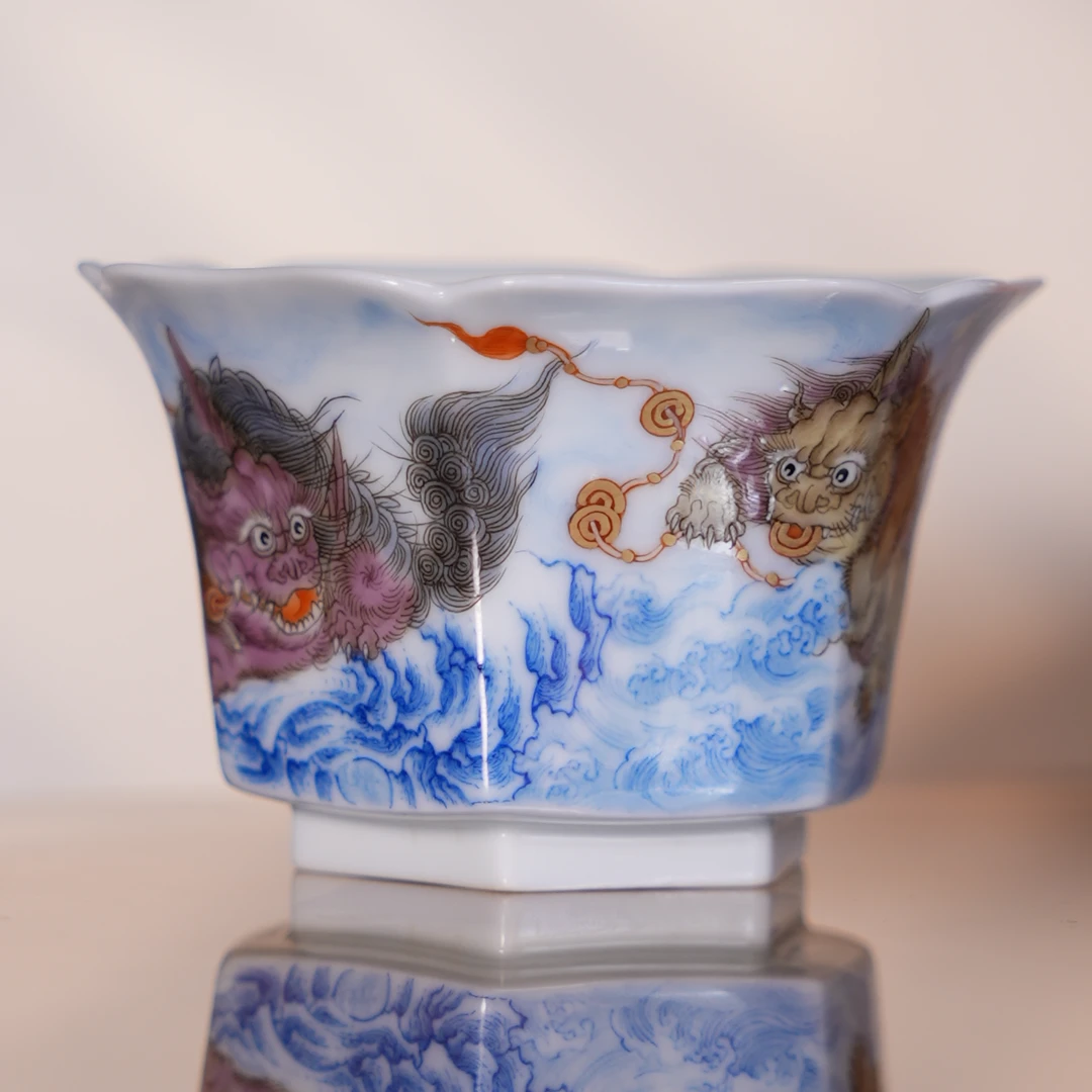 【念物山坊】叠加工艺双貔貅花口杯  景德镇纯手绘名窑口瓷器n014