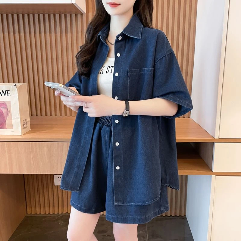 大码女款牛仔新牛仔衬衫新款短裤夏装2025网红炸街秋天套装秋装