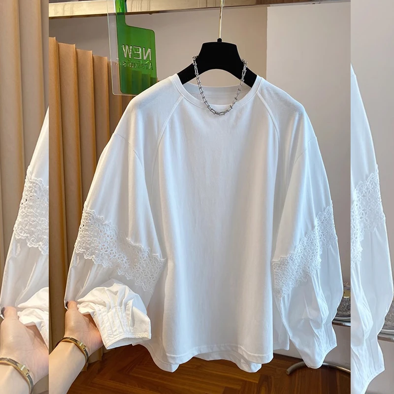 春秋新款设计感蕾丝拼接纯色内搭T恤上衣女大码显瘦遮肚打底衫潮