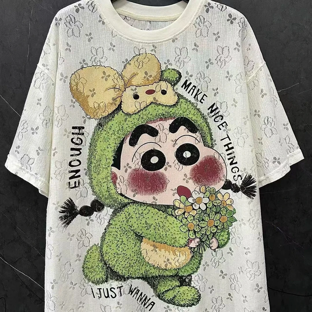 Yi+2025新款蜡笔小新卡通印花蕾丝短袖t恤宽松休闲百搭