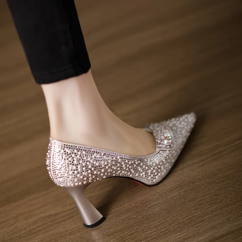 小个子手工女鞋8cm~法式高跟鞋格利特烫钻尖头气质单鞋婚鞋新娘鞋