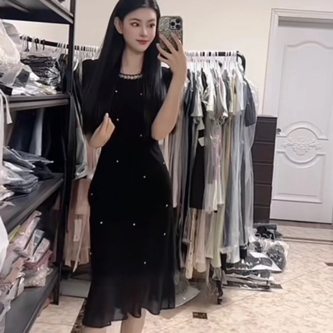 夏季法式赫本风重工钉珠设计中长款修身显瘦名媛连衣裙