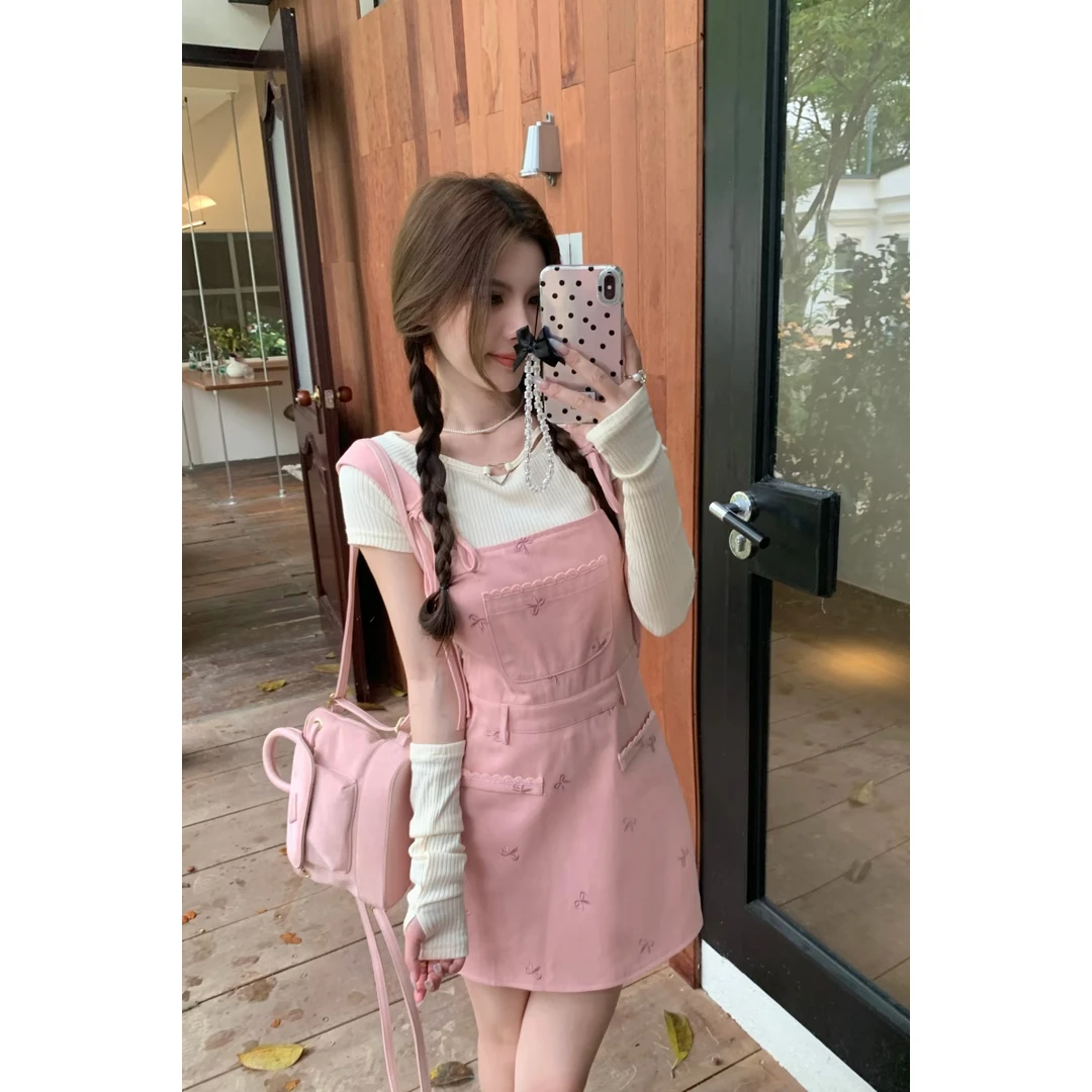 韩版甜酷风粉色牛仔背带裙女2025夏季新款减龄百搭显瘦蝴蝶结短裙