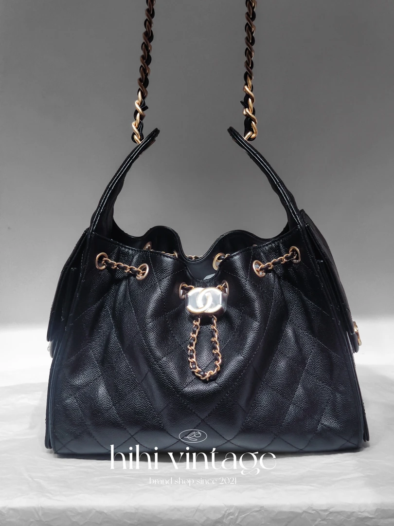 未使用 Chanel/香奈儿 黑金荔枝纹双口袋抽绳25bag