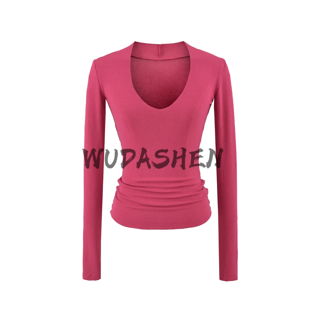 【你伍老板娘】“榛子奶霜”深v紧身马卡龙色紧身长袖T