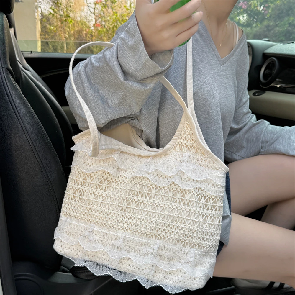 【粉丝福利款】韩国ins秋冬百搭仙气镂空蕾丝pu单肩沙滩包 09617