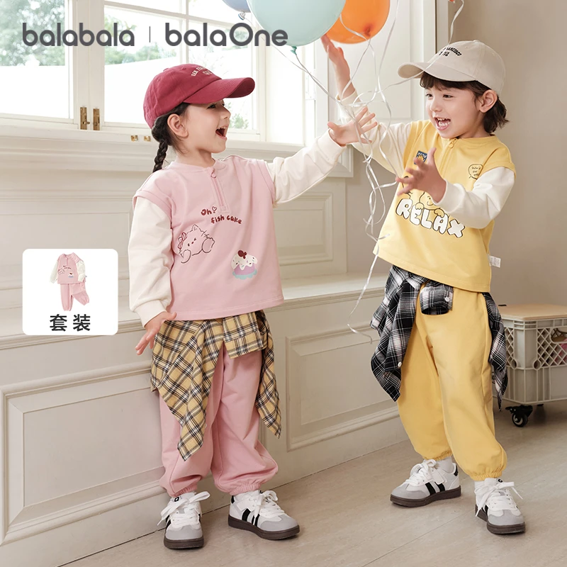 【balaOne】巴拉巴拉男宝宝套装儿童长袖2件套女童2025秋装假两件