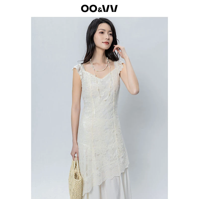 OO&VV法式提花飞飞袖吊带连衣裙女2025夏季新款温柔风不规则修身