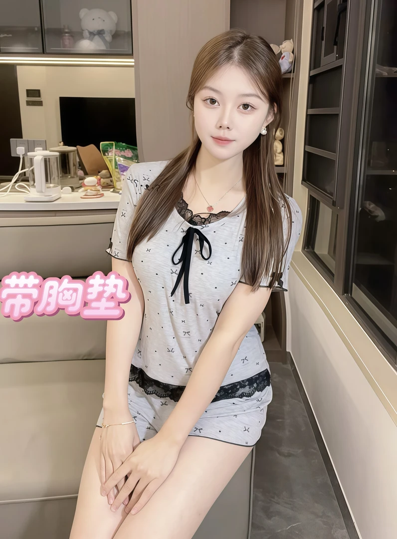 莫代尔睡衣套装带胸垫居家外出夏季性感时尚蕾丝薄款气质女士甜美