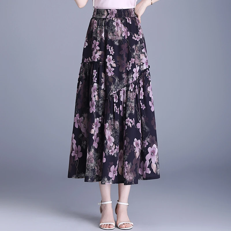 气质优雅雪纺半身裙女2025夏季新款高腰显瘦印花a字裙大摆长裙子