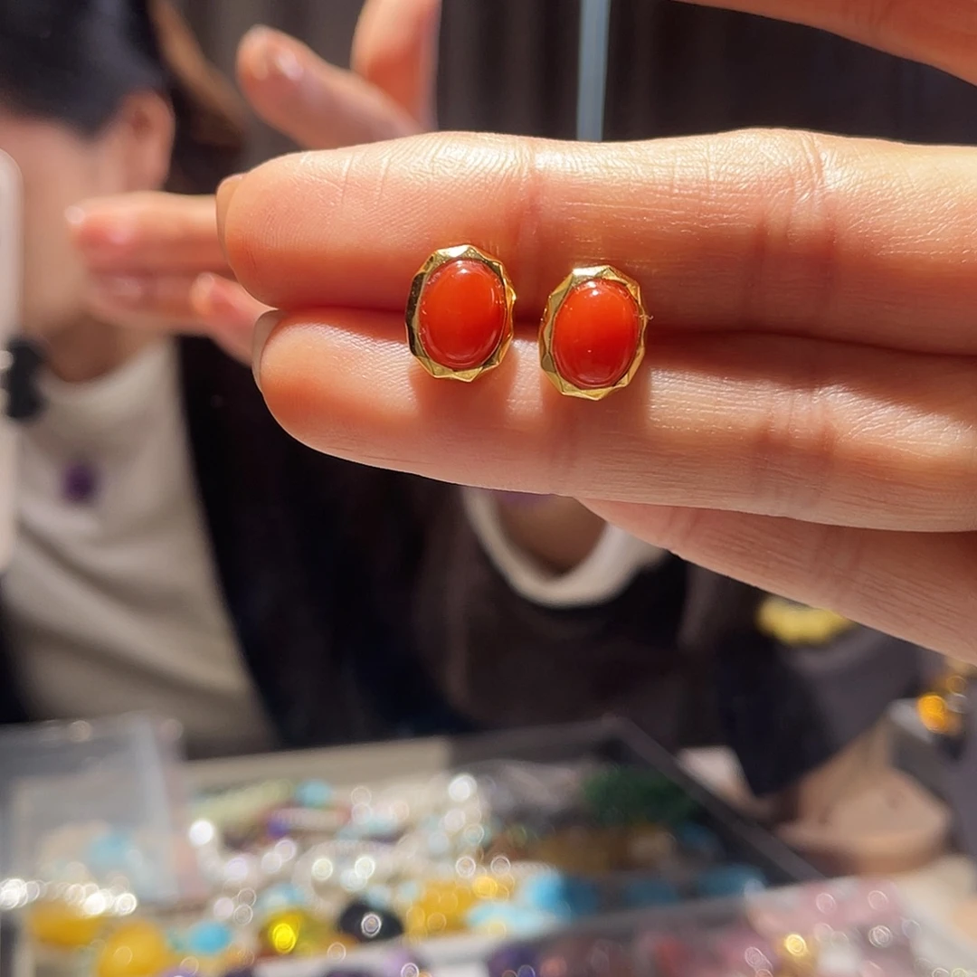 南红玛瑙银S925镶嵌耳饰大气款