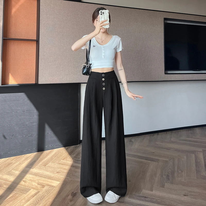高腰垂感棉麻裤子女夏薄款2025新款设计感排扣宽松亚麻阔腿休闲裤