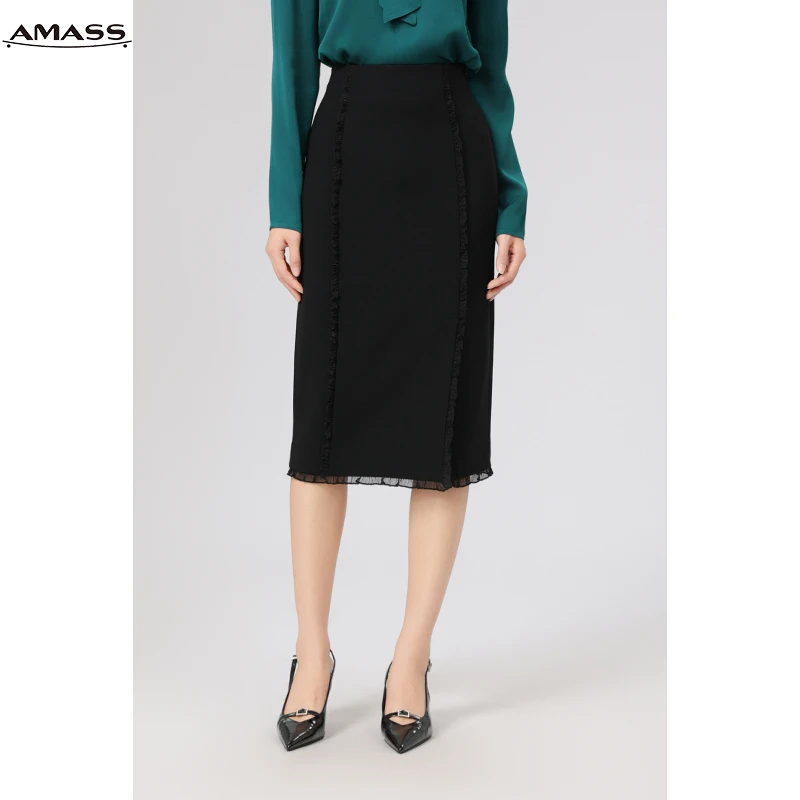 AMASS/阿玛施早春新款优雅气质高腰不规则包臀中长款半身裙520001