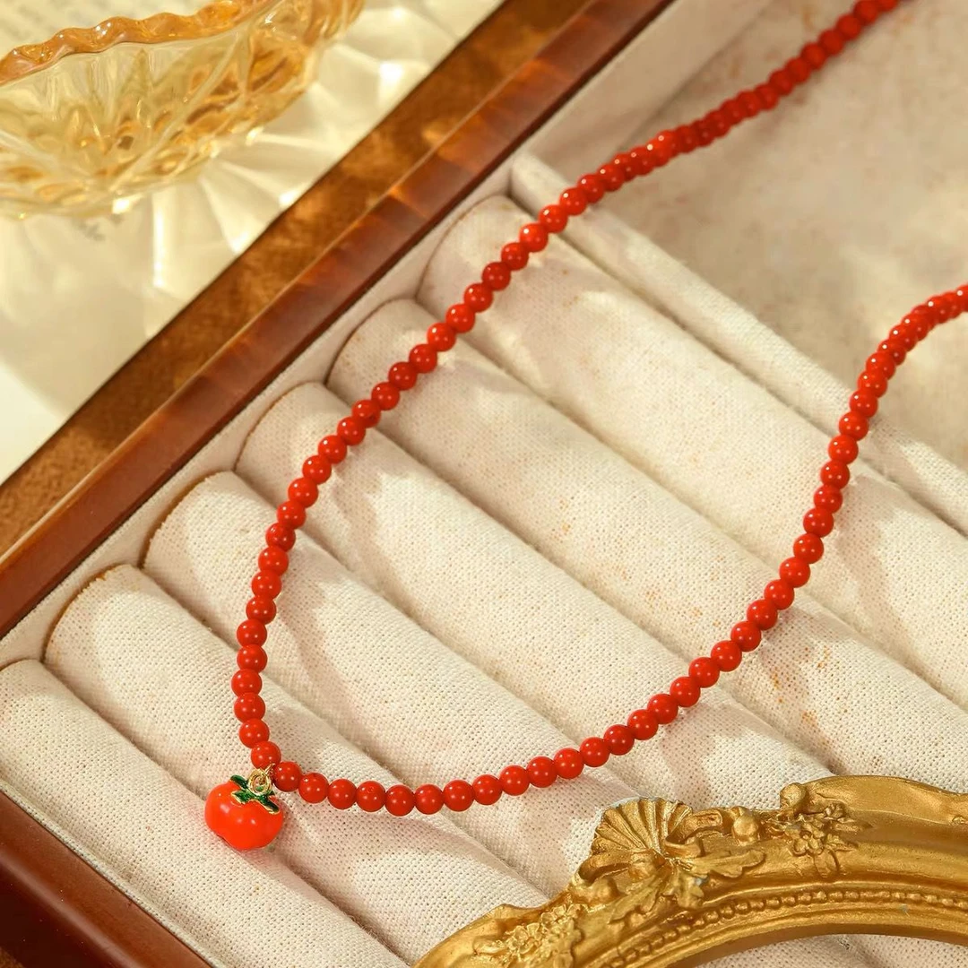 铜合金项链 《货号7857》柿柿如意红色串珠项链（链长39+5cm）