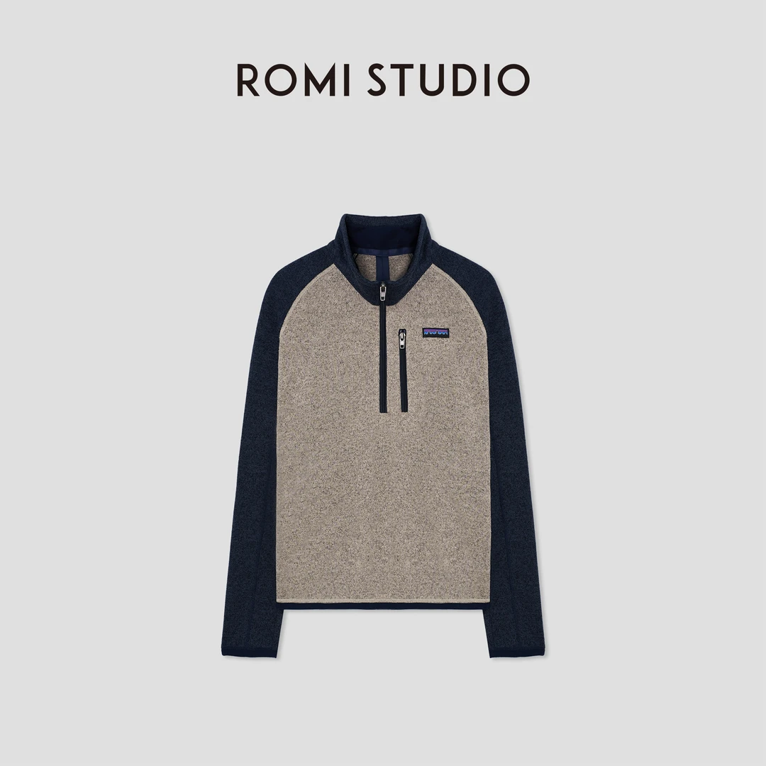ROMI STUDIO“美式复古” 摇粒绒拼色花纱感微弹立领卫衣 441V7107